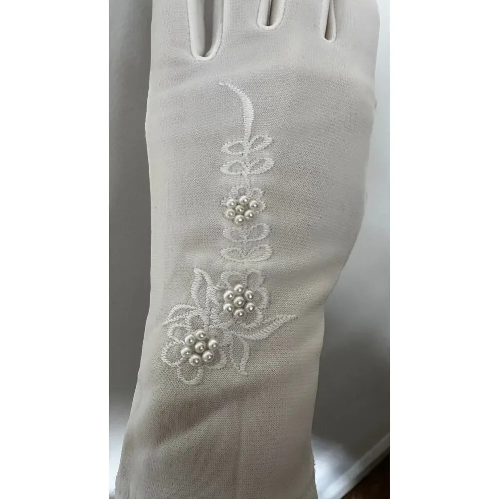 Vintage 1980s White/Ivory Unbranded Satin Beaded Floral Gloves XS S